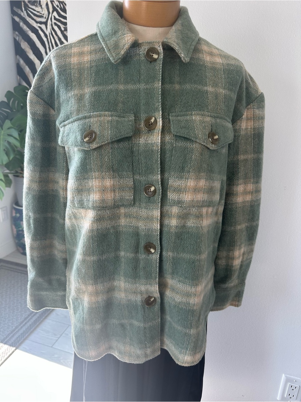 Nordstrom Green and Cream Plaid Teddy Shacket